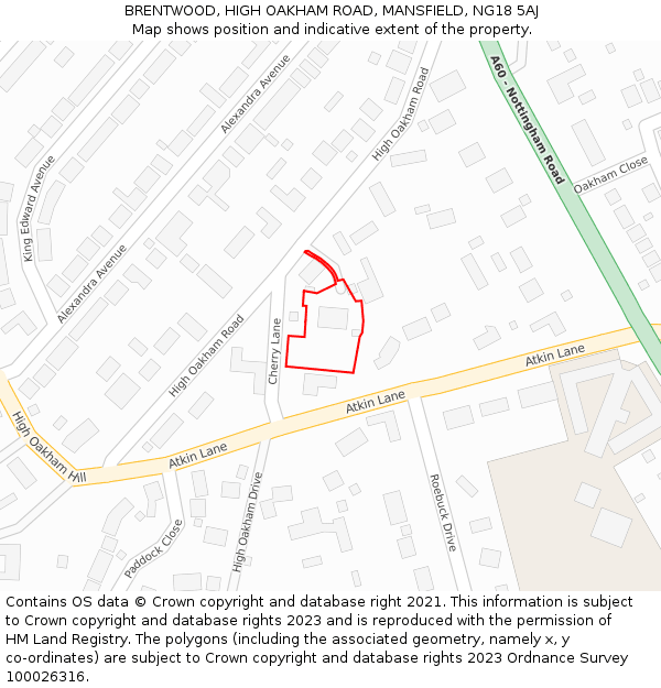 BRENTWOOD, HIGH OAKHAM ROAD, MANSFIELD, NG18 5AJ: Location map and indicative extent of plot
