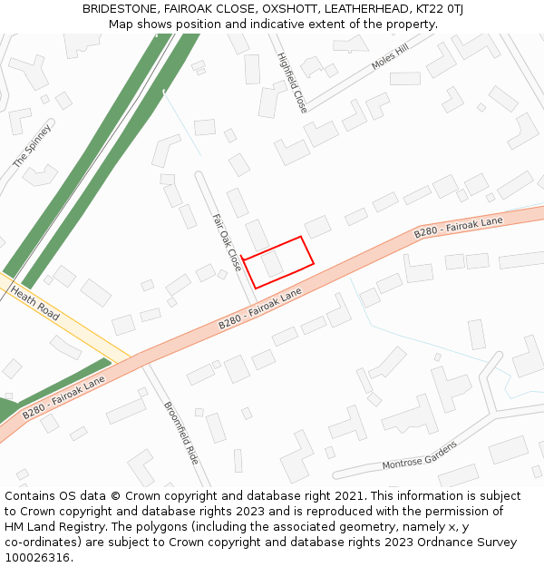 BRIDESTONE, FAIROAK CLOSE, OXSHOTT, LEATHERHEAD, KT22 0TJ: Location map and indicative extent of plot
