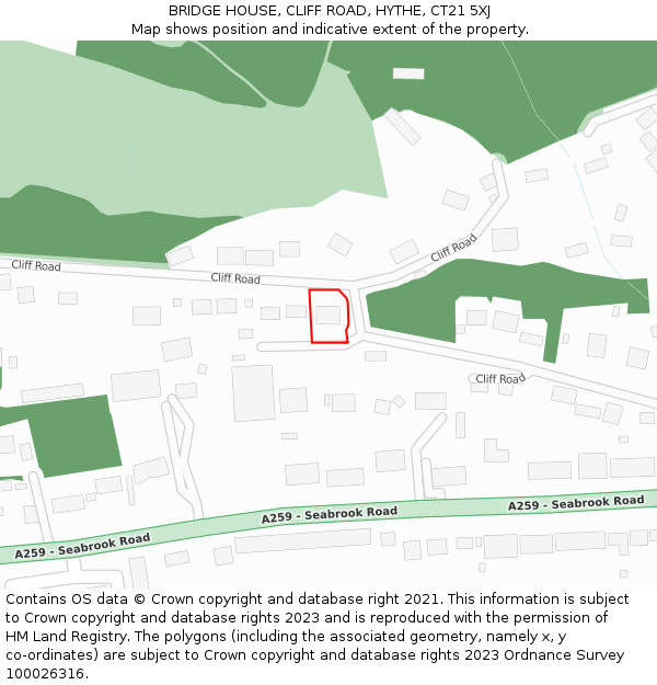 BRIDGE HOUSE, CLIFF ROAD, HYTHE, CT21 5XJ: Location map and indicative extent of plot