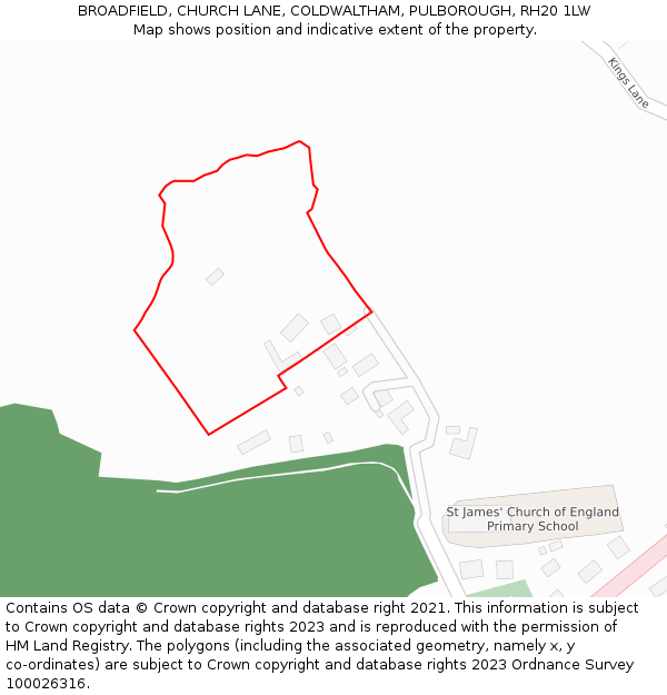 BROADFIELD, CHURCH LANE, COLDWALTHAM, PULBOROUGH, RH20 1LW: Location map and indicative extent of plot