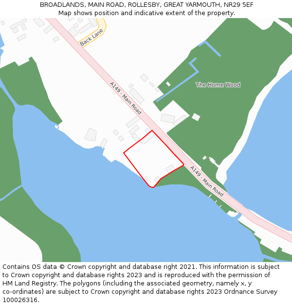 BROADLANDS, MAIN ROAD, ROLLESBY, GREAT YARMOUTH, NR29 5EF: Location map and indicative extent of plot