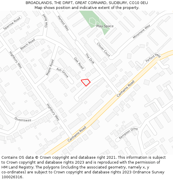 BROADLANDS, THE DRIFT, GREAT CORNARD, SUDBURY, CO10 0EU: Location map and indicative extent of plot