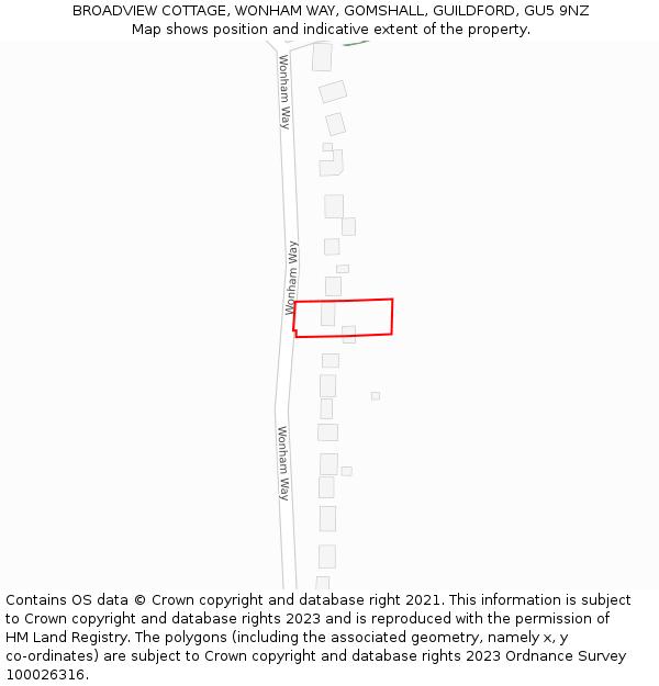 BROADVIEW COTTAGE, WONHAM WAY, GOMSHALL, GUILDFORD, GU5 9NZ: Location map and indicative extent of plot