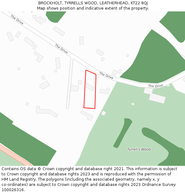 BROCKHOLT, TYRRELLS WOOD, LEATHERHEAD, KT22 8QJ: Location map and indicative extent of plot