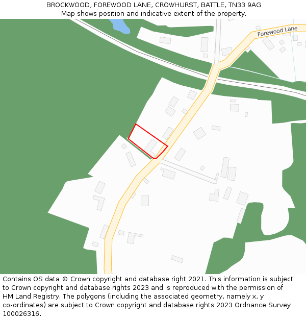 BROCKWOOD, FOREWOOD LANE, CROWHURST, BATTLE, TN33 9AG: Location map and indicative extent of plot