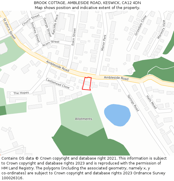 BROOK COTTAGE, AMBLESIDE ROAD, KESWICK, CA12 4DN: Location map and indicative extent of plot