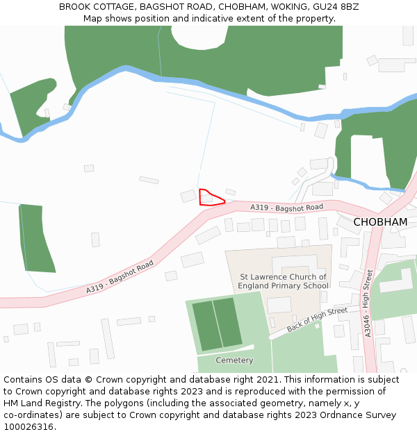 BROOK COTTAGE, BAGSHOT ROAD, CHOBHAM, WOKING, GU24 8BZ: Location map and indicative extent of plot