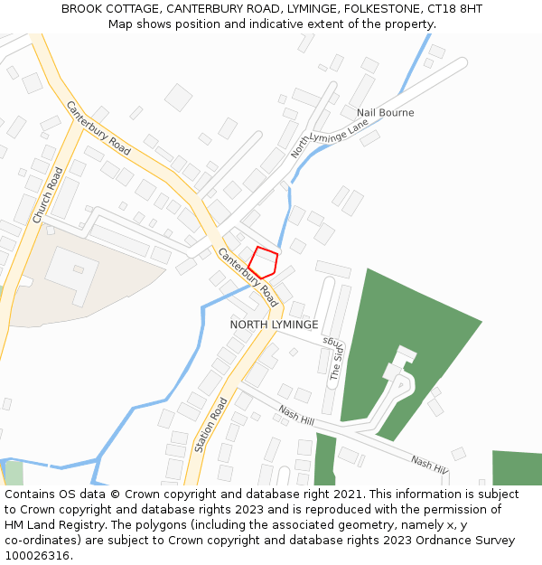 BROOK COTTAGE, CANTERBURY ROAD, LYMINGE, FOLKESTONE, CT18 8HT: Location map and indicative extent of plot