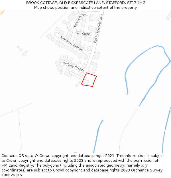 BROOK COTTAGE, OLD RICKERSCOTE LANE, STAFFORD, ST17 4HG: Location map and indicative extent of plot