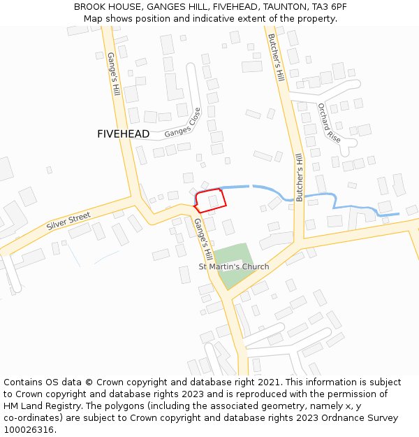 BROOK HOUSE, GANGES HILL, FIVEHEAD, TAUNTON, TA3 6PF: Location map and indicative extent of plot