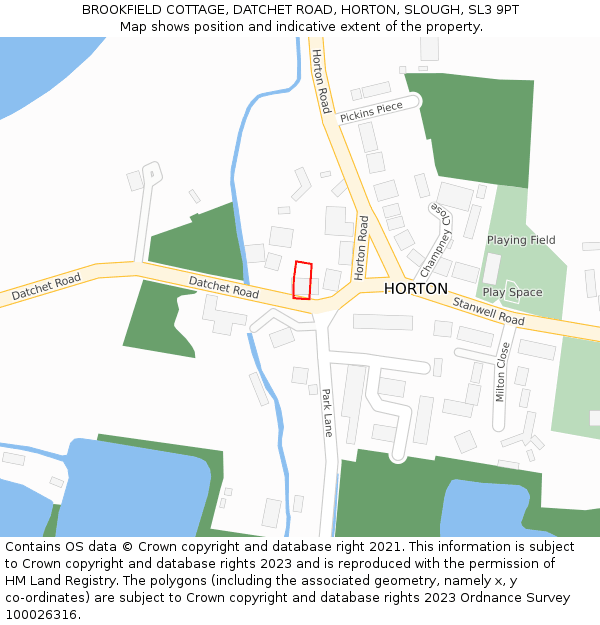 BROOKFIELD COTTAGE, DATCHET ROAD, HORTON, SLOUGH, SL3 9PT: Location map and indicative extent of plot