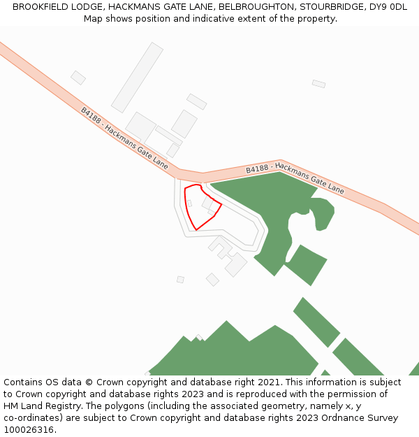 BROOKFIELD LODGE, HACKMANS GATE LANE, BELBROUGHTON, STOURBRIDGE, DY9 0DL: Location map and indicative extent of plot