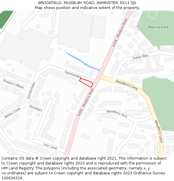 BROOKFIELD, MUSBURY ROAD, AXMINSTER, EX13 5JS: Location map and indicative extent of plot