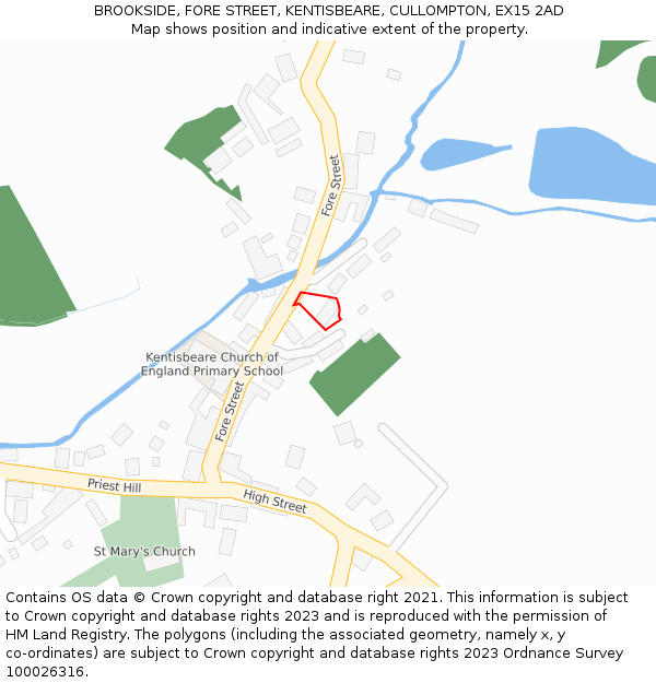 BROOKSIDE, FORE STREET, KENTISBEARE, CULLOMPTON, EX15 2AD: Location map and indicative extent of plot