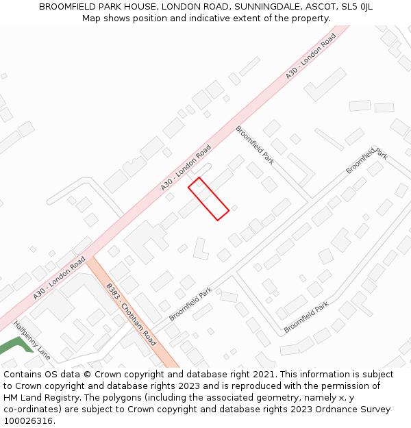 BROOMFIELD PARK HOUSE, LONDON ROAD, SUNNINGDALE, ASCOT, SL5 0JL: Location map and indicative extent of plot