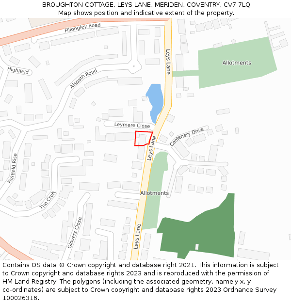 BROUGHTON COTTAGE, LEYS LANE, MERIDEN, COVENTRY, CV7 7LQ: Location map and indicative extent of plot