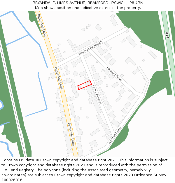 BRYANDALE, LIMES AVENUE, BRAMFORD, IPSWICH, IP8 4BN: Location map and indicative extent of plot