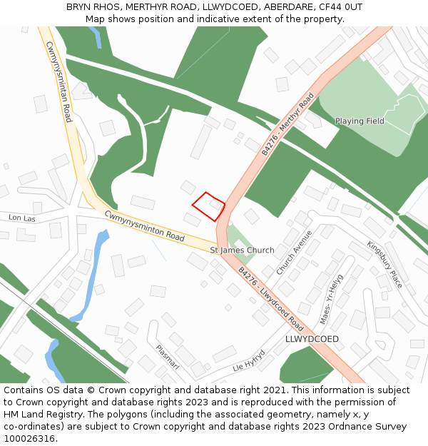 BRYN RHOS, MERTHYR ROAD, LLWYDCOED, ABERDARE, CF44 0UT: Location map and indicative extent of plot