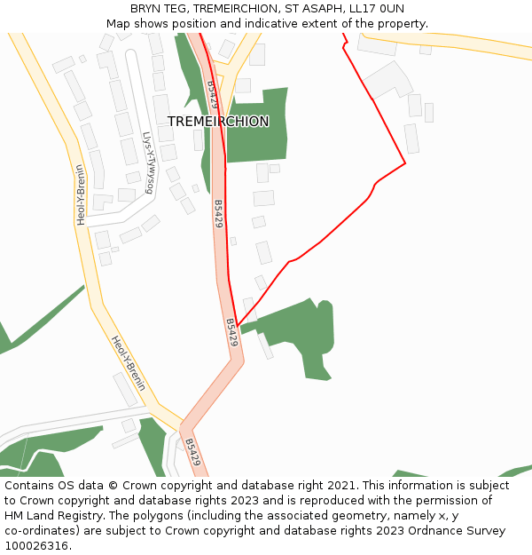 BRYN TEG, TREMEIRCHION, ST ASAPH, LL17 0UN: Location map and indicative extent of plot