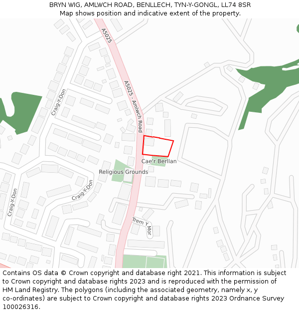BRYN WIG, AMLWCH ROAD, BENLLECH, TYN-Y-GONGL, LL74 8SR: Location map and indicative extent of plot