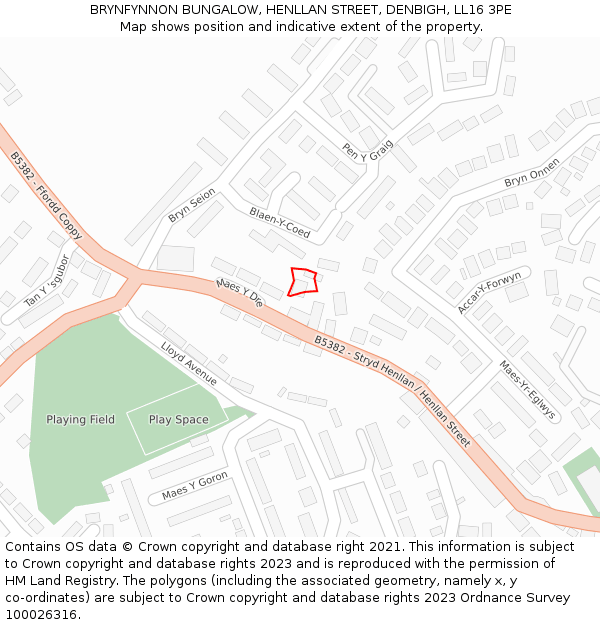 BRYNFYNNON BUNGALOW, HENLLAN STREET, DENBIGH, LL16 3PE: Location map and indicative extent of plot