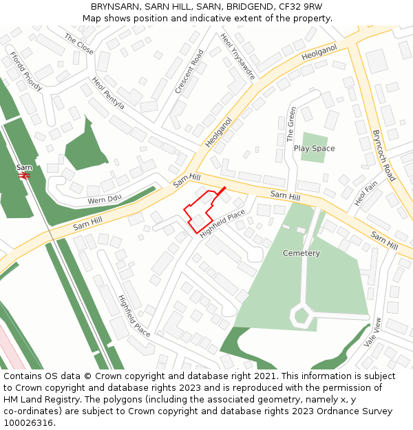 BRYNSARN, SARN HILL, SARN, BRIDGEND, CF32 9RW: Location map and indicative extent of plot