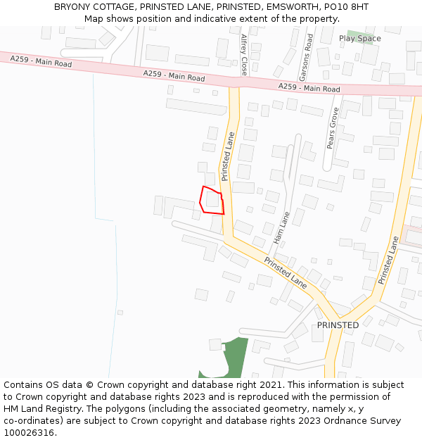 BRYONY COTTAGE, PRINSTED LANE, PRINSTED, EMSWORTH, PO10 8HT: Location map and indicative extent of plot