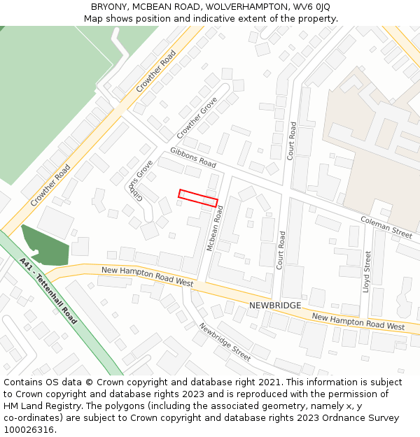 BRYONY, MCBEAN ROAD, WOLVERHAMPTON, WV6 0JQ: Location map and indicative extent of plot