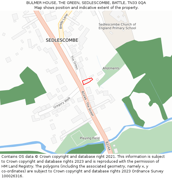 BULMER HOUSE, THE GREEN, SEDLESCOMBE, BATTLE, TN33 0QA: Location map and indicative extent of plot