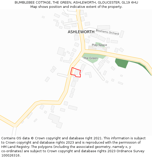 BUMBLEBEE COTTAGE, THE GREEN, ASHLEWORTH, GLOUCESTER, GL19 4HU: Location map and indicative extent of plot