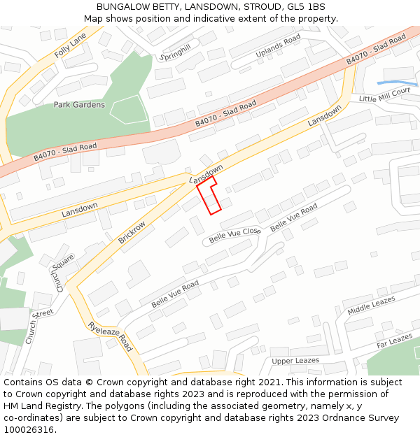 BUNGALOW BETTY, LANSDOWN, STROUD, GL5 1BS: Location map and indicative extent of plot