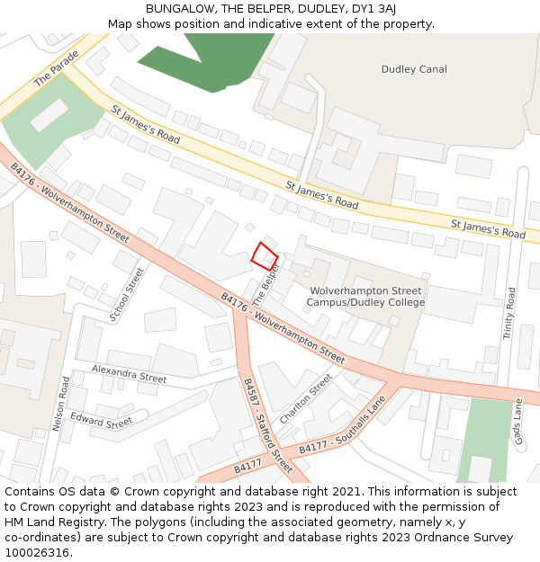 BUNGALOW, THE BELPER, DUDLEY, DY1 3AJ: Location map and indicative extent of plot