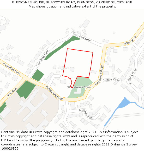 BURGOYNES HOUSE, BURGOYNES ROAD, IMPINGTON, CAMBRIDGE, CB24 9NB: Location map and indicative extent of plot