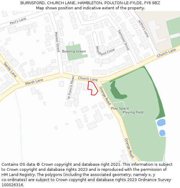 BURNSFORD, CHURCH LANE, HAMBLETON, POULTON-LE-FYLDE, FY6 9BZ: Location map and indicative extent of plot