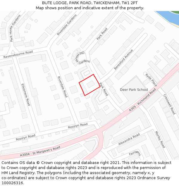 BUTE LODGE, PARK ROAD, TWICKENHAM, TW1 2PT: Location map and indicative extent of plot