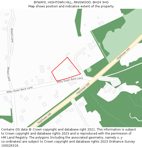 BYWAYS, HIGHTOWN HILL, RINGWOOD, BH24 3HG: Location map and indicative extent of plot