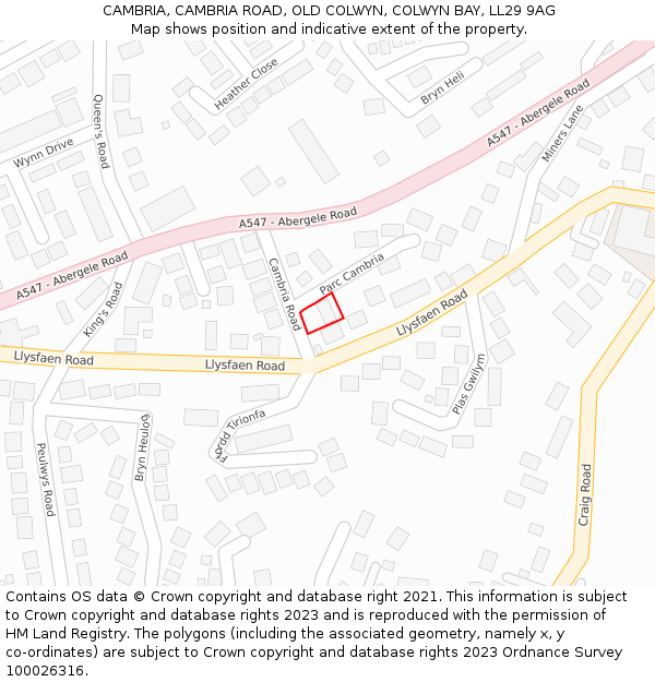 CAMBRIA, CAMBRIA ROAD, OLD COLWYN, COLWYN BAY, LL29 9AG: Location map and indicative extent of plot