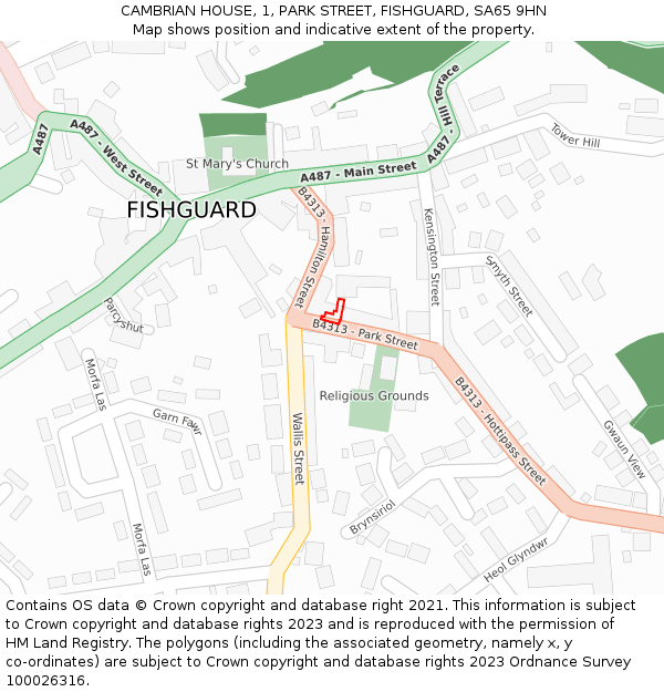 CAMBRIAN HOUSE, 1, PARK STREET, FISHGUARD, SA65 9HN: Location map and indicative extent of plot
