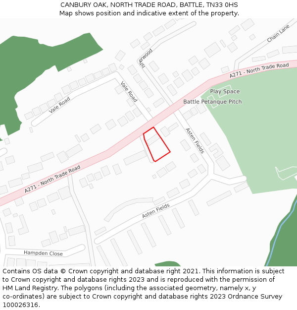 CANBURY OAK, NORTH TRADE ROAD, BATTLE, TN33 0HS: Location map and indicative extent of plot