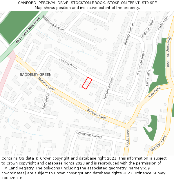 CANFORD, PERCIVAL DRIVE, STOCKTON BROOK, STOKE-ON-TRENT, ST9 9PE: Location map and indicative extent of plot