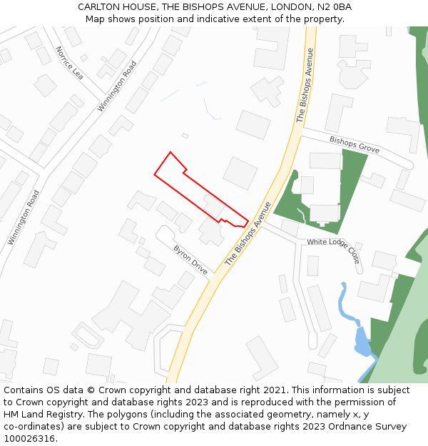 CARLTON HOUSE, THE BISHOPS AVENUE, LONDON, N2 0BA: Location map and indicative extent of plot