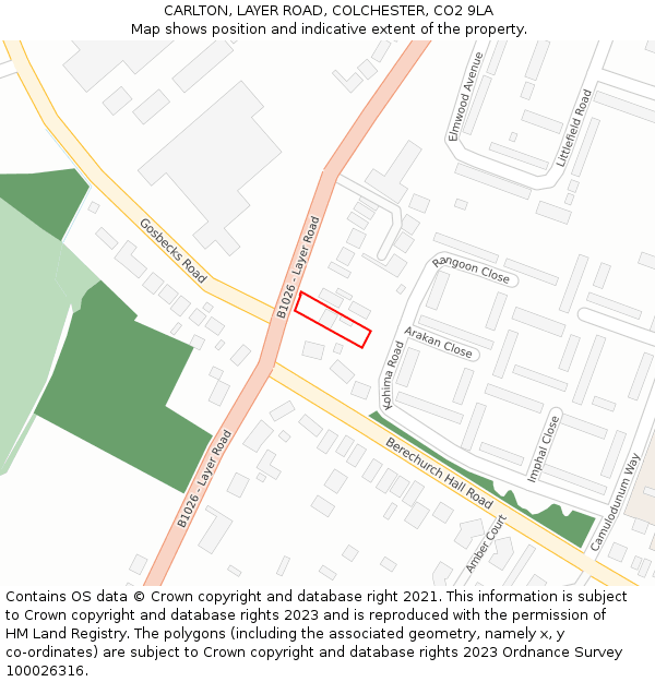 CARLTON, LAYER ROAD, COLCHESTER, CO2 9LA: Location map and indicative extent of plot