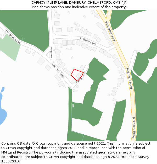 CARNOY, PUMP LANE, DANBURY, CHELMSFORD, CM3 4JP: Location map and indicative extent of plot