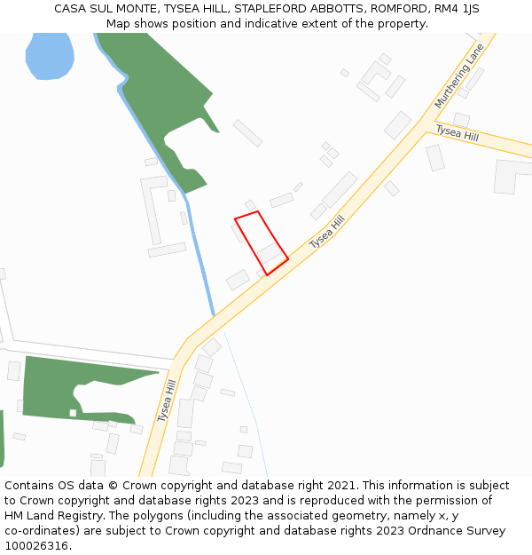 CASA SUL MONTE, TYSEA HILL, STAPLEFORD ABBOTTS, ROMFORD, RM4 1JS: Location map and indicative extent of plot