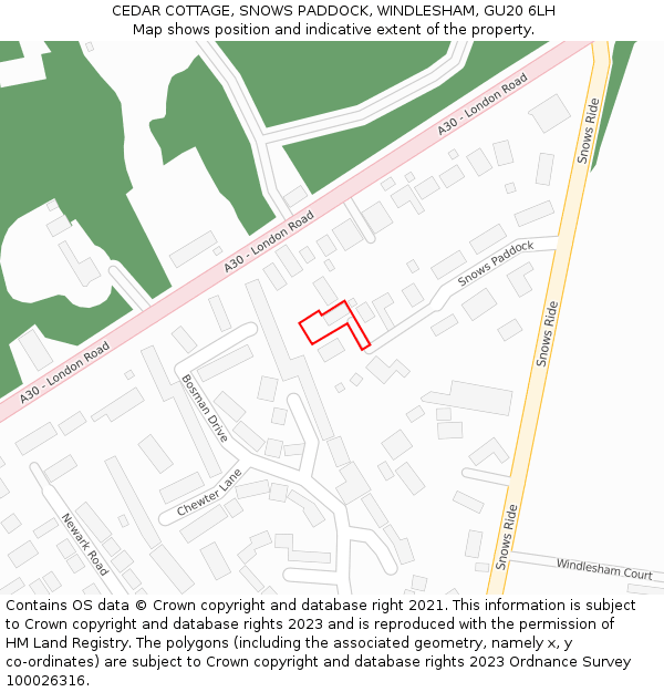 CEDAR COTTAGE, SNOWS PADDOCK, WINDLESHAM, GU20 6LH: Location map and indicative extent of plot