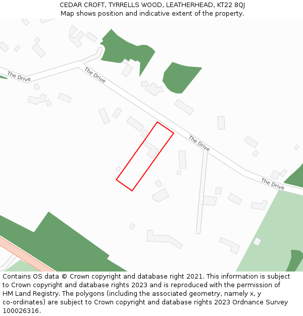 CEDAR CROFT, TYRRELLS WOOD, LEATHERHEAD, KT22 8QJ: Location map and indicative extent of plot