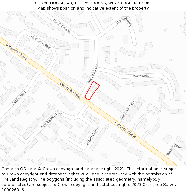 CEDAR HOUSE, 43, THE PADDOCKS, WEYBRIDGE, KT13 9RL: Location map and indicative extent of plot