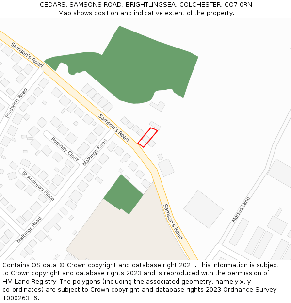 CEDARS, SAMSONS ROAD, BRIGHTLINGSEA, COLCHESTER, CO7 0RN: Location map and indicative extent of plot