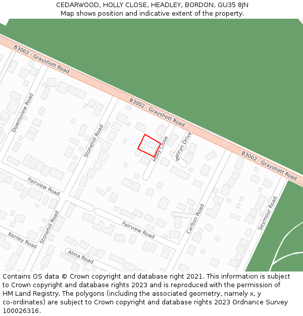 CEDARWOOD, HOLLY CLOSE, HEADLEY, BORDON, GU35 8JN: Location map and indicative extent of plot