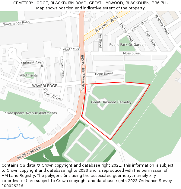 CEMETERY LODGE, BLACKBURN ROAD, GREAT HARWOOD, BLACKBURN, BB6 7LU: Location map and indicative extent of plot